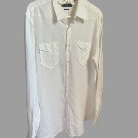 BOSS Hugo Boss White Button-Down Linen Shirt. Size: XL - Picture 3 of 13